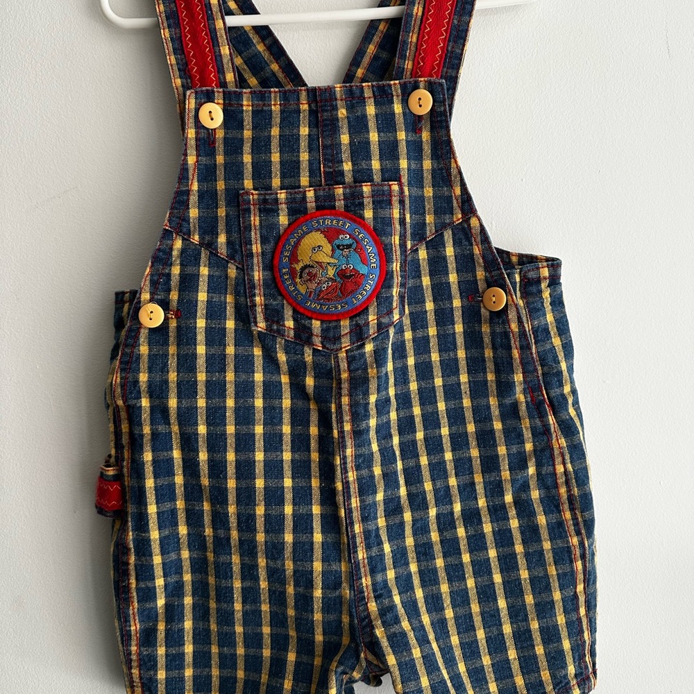 Vintage Sesame Street Plaid patch kids shortalls